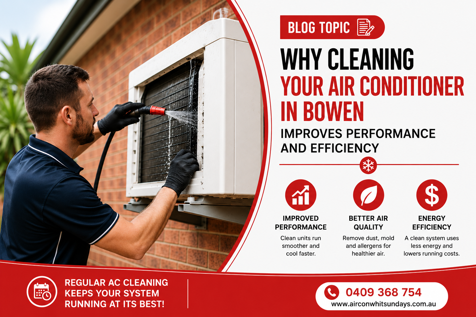 Technician cleaning air conditioning unit in Bowen to improve performance and air quality