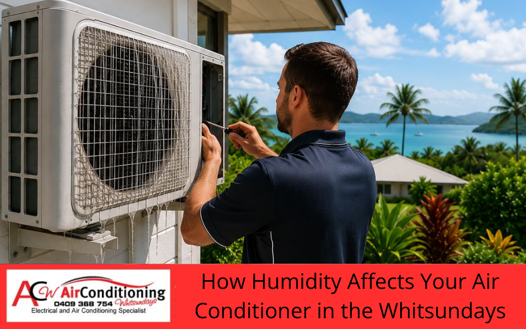 Technician servicing an outdoor air conditioning unit in the Whitsundays to prevent humidity-related performance issues