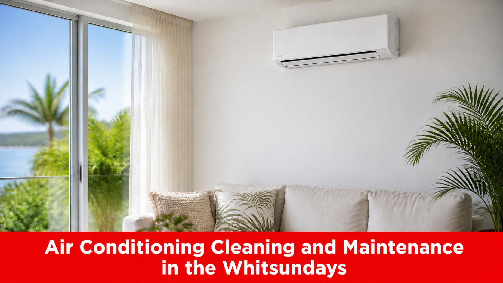 Air conditioning cleaning and maintenance in the Whitsundays, with a split-system unit in a coastal living room
