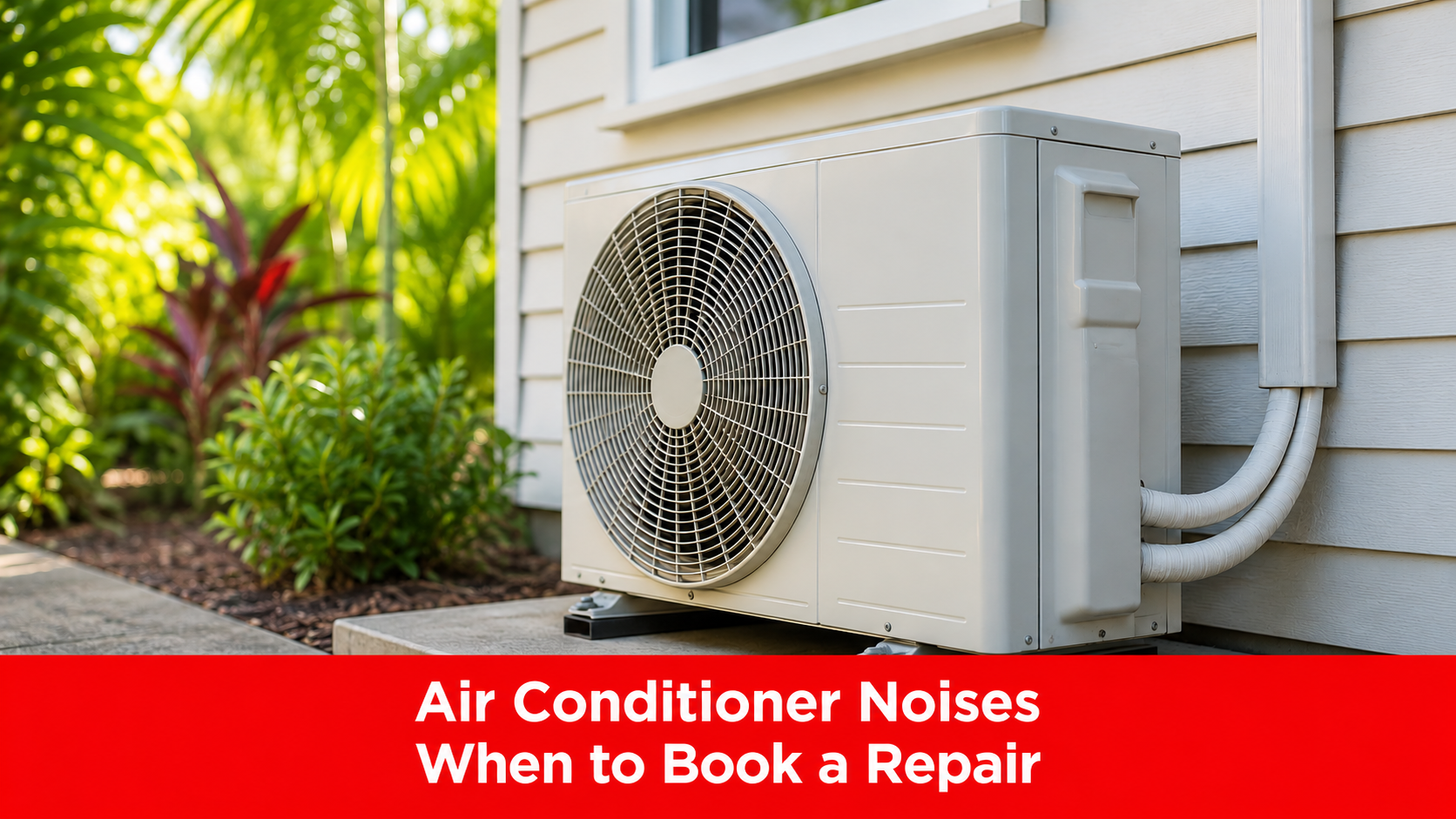 Outdoor split-system air conditioner beside a weatherboard home with a banner about air conditioner noises and when to book a repair